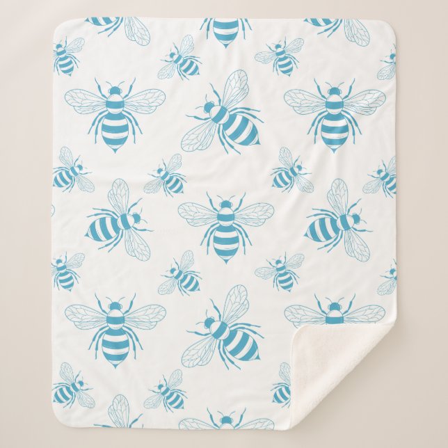 Vintage Bee Botanical Blue (1) Sherpa Blanket (Front)