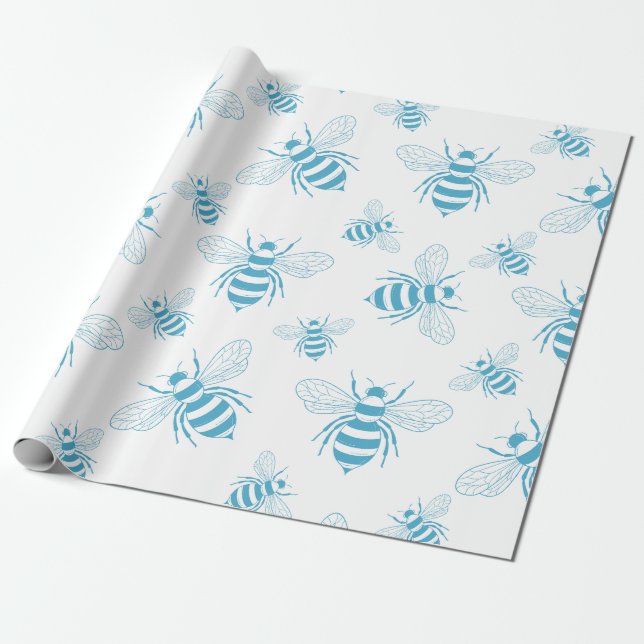 Vintage Bee Botanical Blue (1) Wrapping Paper (Unrolled)