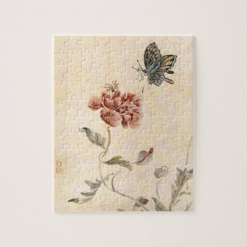 Vintage Bee Butterfly and Poppy Watercolor Jigsaw Puzzle