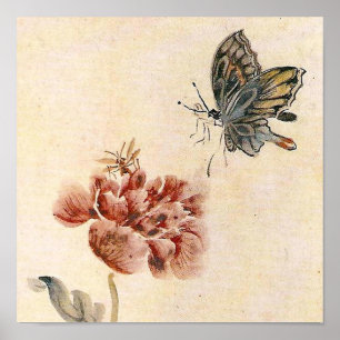 Vintage Bee, Butterfly and Poppy Watercolor Poster