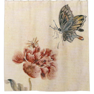 Vintage Bee, Butterfly and Poppy Watercolor Shower Curtain
