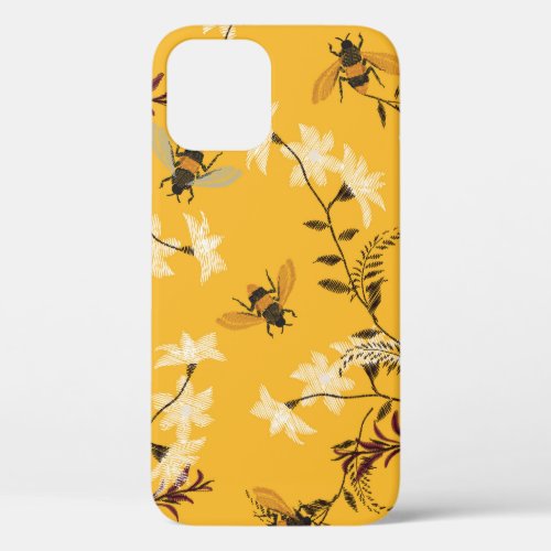 Vintage Bee  Butterfly Embroidered Floral Art iPhone 12 Case