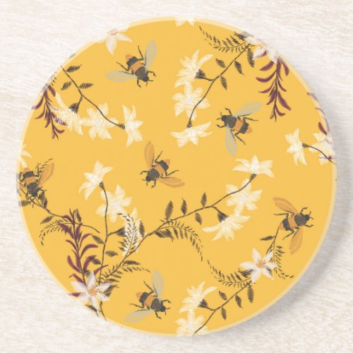 Vintage Bee  Butterfly Embroidered Floral Art Coaster