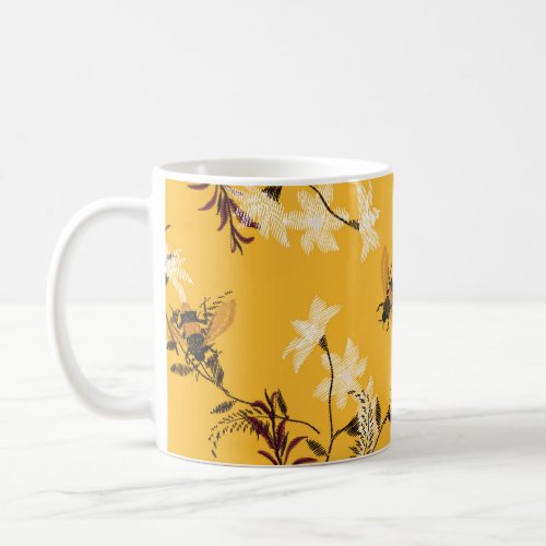 Vintage Bee  Butterfly Embroidered Floral Art Coffee Mug