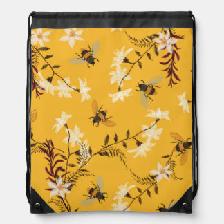 Vintage Bee & Butterfly: Embroidered Floral Art Drawstring Bag