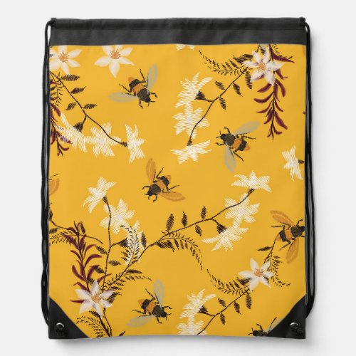 Vintage Bee  Butterfly Embroidered Floral Art Drawstring Bag