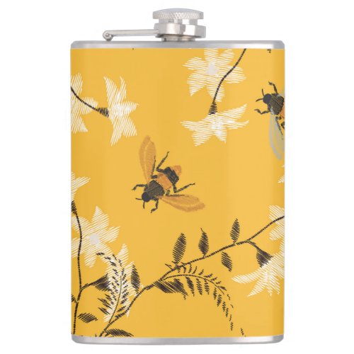 Vintage Bee  Butterfly Embroidered Floral Art Flask