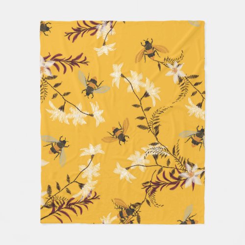 Vintage Bee  Butterfly Embroidered Floral Art Fleece Blanket