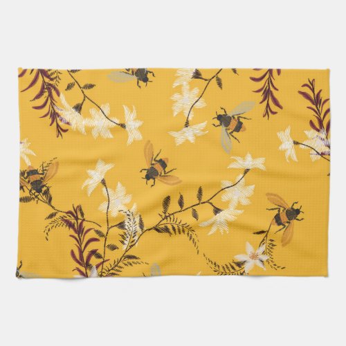 Vintage Bee  Butterfly Embroidered Floral Art Kitchen Towel