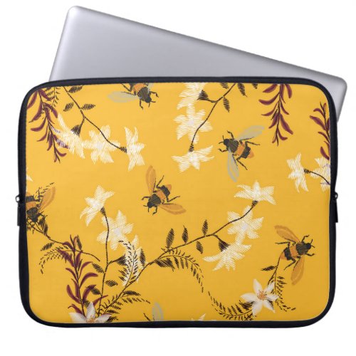 Vintage Bee  Butterfly Embroidered Floral Art Laptop Sleeve