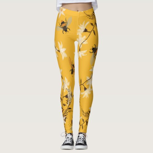 Vintage Bee  Butterfly Embroidered Floral Art Leggings