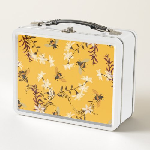 Vintage Bee  Butterfly Embroidered Floral Art Metal Lunch Box