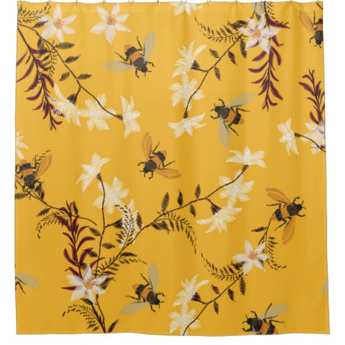 Vintage Bee  Butterfly Embroidered Floral Art Shower Curtain