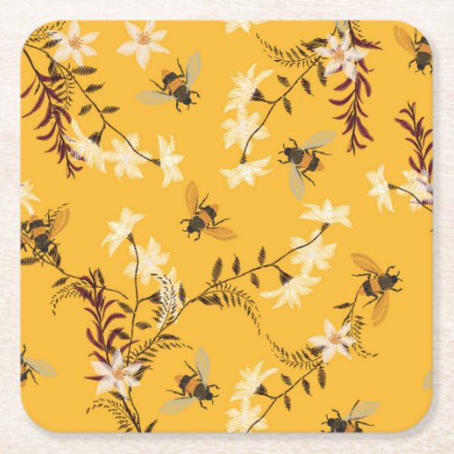 Vintage Bee  Butterfly Embroidered Floral Art Square Paper Coaster