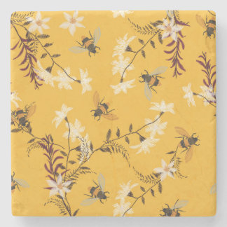 Vintage Bee & Butterfly: Embroidered Floral Art Stone Coaster