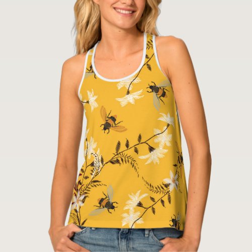Vintage Bee  Butterfly Embroidered Floral Art Tank Top