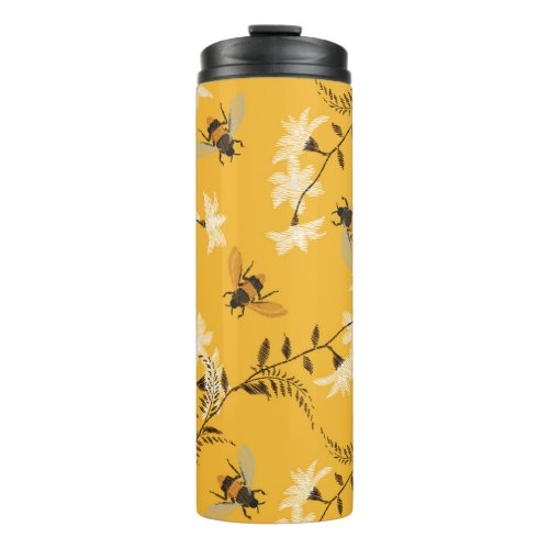 Vintage Bee  Butterfly Embroidered Floral Art Thermal Tumbler