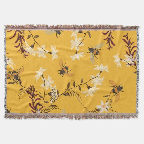 Vintage Bee  Butterfly Embroidered Floral Art Throw Blanket