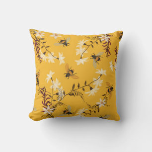 Vintage Bee & Butterfly: Embroidered Floral Art Throw Pillow