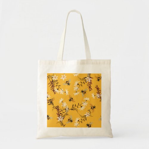 Vintage Bee  Butterfly Embroidered Floral Art Tote Bag
