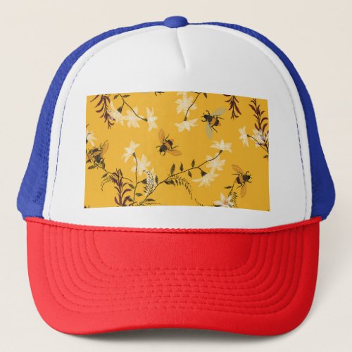 Vintage Bee  Butterfly Embroidered Floral Art Trucker Hat