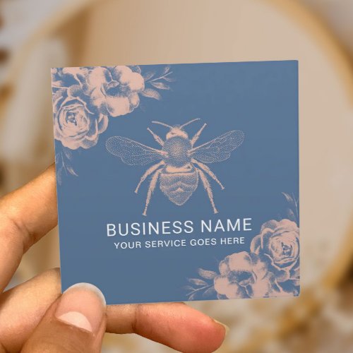 Vintage Bee  Flower Apiary Beekeeper Blue  Pink Square Business Card