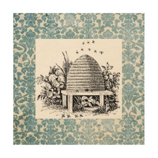 Vintage Bee Hive and Damask Wood Wall Art