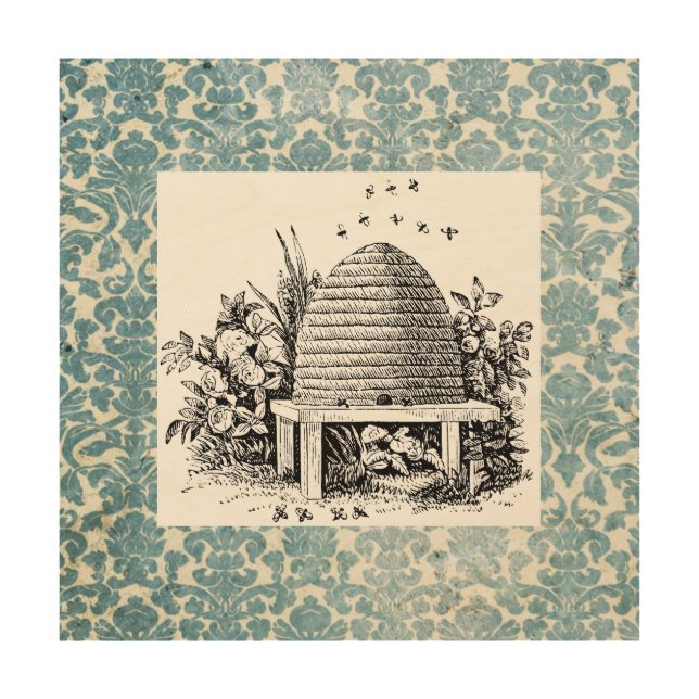 Vintage Bee Hive and Damask Wood Wall Art (Front)