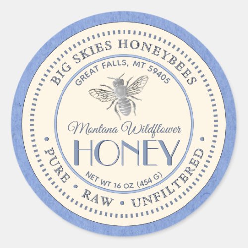 Vintage Bee Honey Pure Raw Unfiltered Blue Kraft  Classic Round Sticker