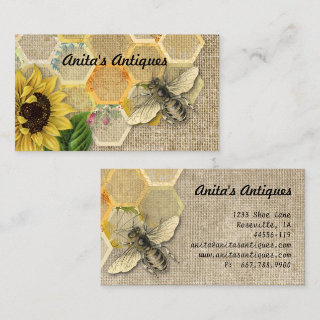 Vintage Bee Honeycomb Pattern Linen Business Card (Front/Back)