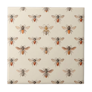 Vintage Bee Illustration Pattern Ceramic Tile