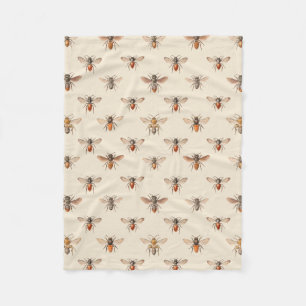 Vintage Bee Illustration Pattern Fleece Blanket