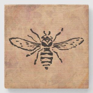 Vintage Bee Illustration Rose Flower Floral Design Stone Coaster