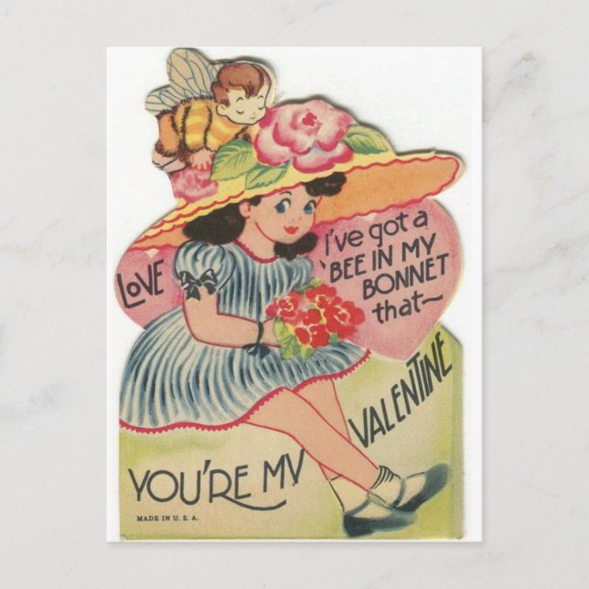 Vintage Bee in Her Bonnet Valentine Postcard (Front)
