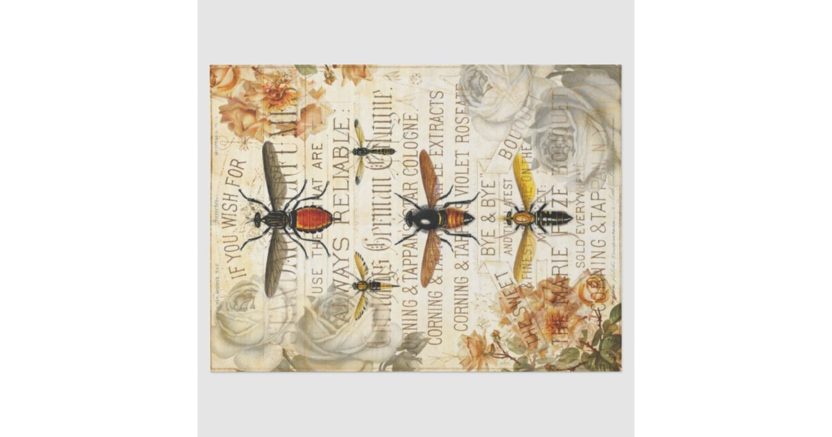 Vintage Bee Insects Rose Bouquet Decoupage Tissue Paper | Zazzle