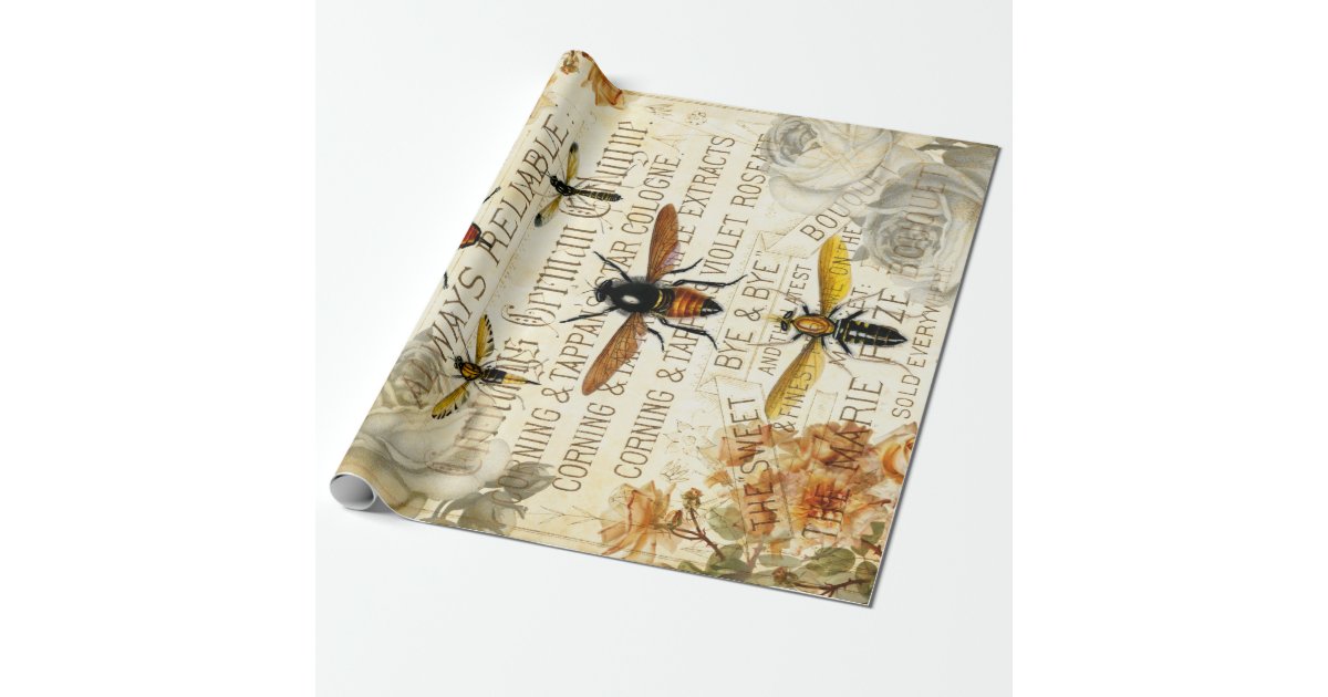 Vintage Bee Insects Rose Bouquet Decoupage Tissue Wrapping Paper