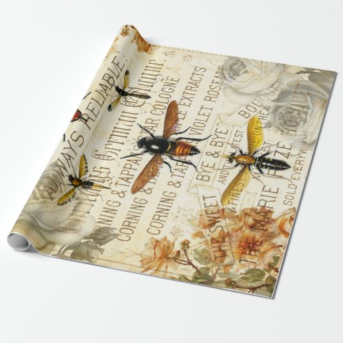 Vintage Bee Insects Rose Bouquet Wrapping Paper