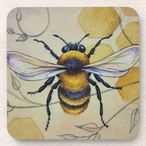 Vintage Bee No 1 and Honeycomb Watercolor Art Beverage Coaster