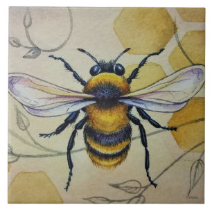 Vintage Bee No. 1 and Honeycomb Watercolor Art Ceramic Tile