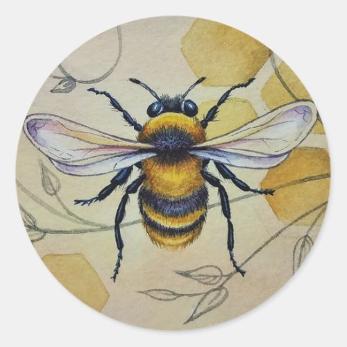 Vintage Bee No 1 and Honeycomb Watercolor Art Classic Round Sticker