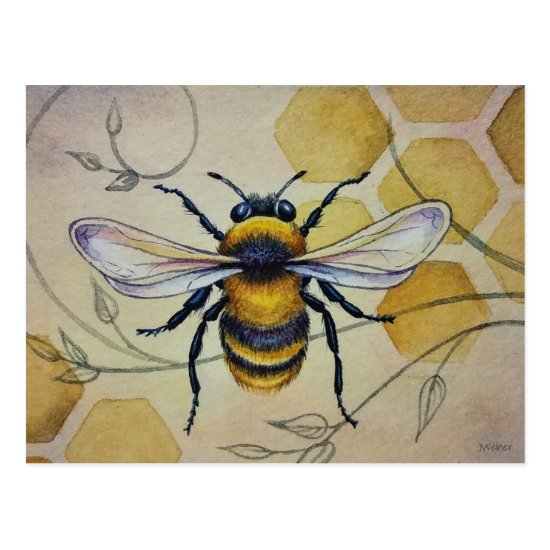 Vintage Bee No. 1 and Honeycomb Watercolor Art Postcard