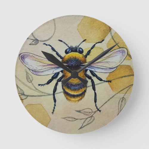 Vintage Bee No 1 and Honeycomb Watercolor Art  Round Clock