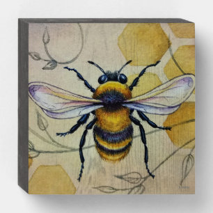 Vintage Bee No. 1 and Honeycomb Watercolor Art Wooden Box Sign
