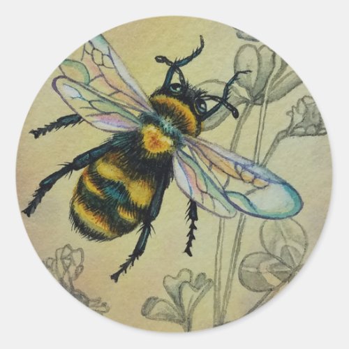 Vintage Bee No 2 and Clover Watercolor Art Classic Round Sticker