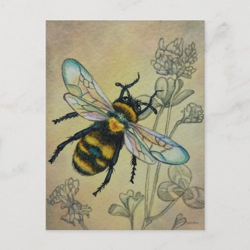 Vintage Bee No 2 and Clover Watercolor Art Postcard