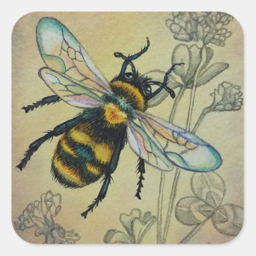 Vintage Bee No 2 and Clover Watercolor Art Square Sticker