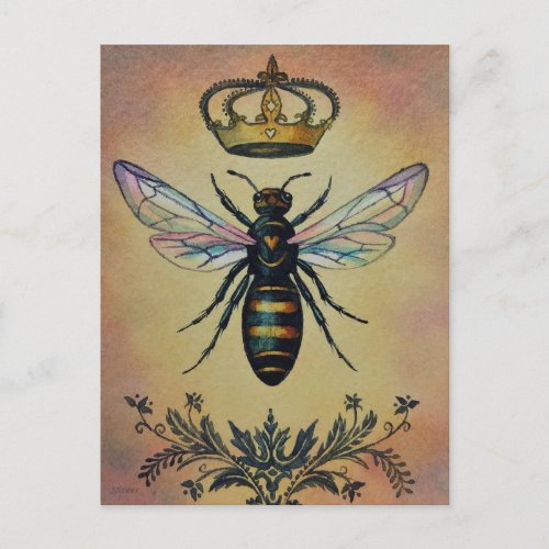 Vintage Bee No 3 Queen Crown Watercolor Art Postcard