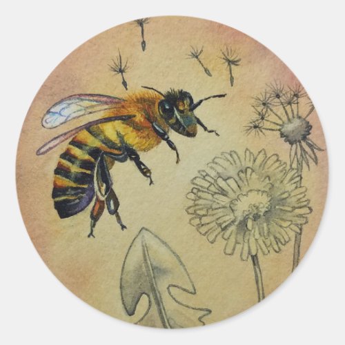 Vintage Bee No 4 Dandelion Watercolor Art Classic Round Sticker