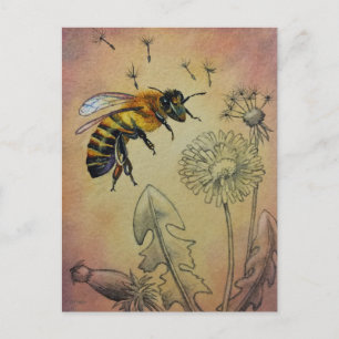 Vintage Bee No. 4 Dandelion Watercolor Art Postcard