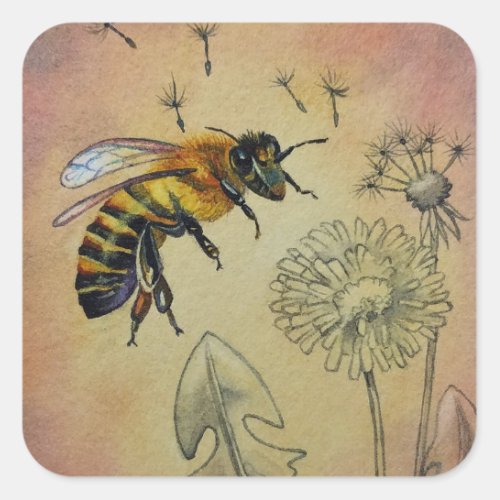Vintage Bee No 4 Dandelion Watercolor Art Square Sticker